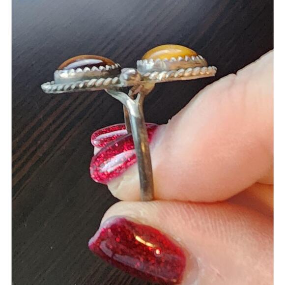 Vintage Native American Navajo Double Stone Tiger's Eye Sterling Silver Ring - Picture 3 of 4